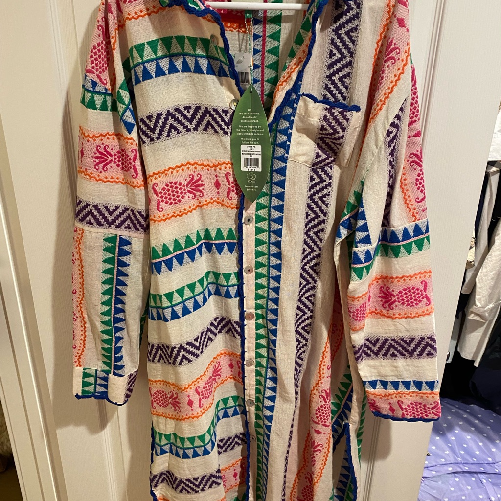Farm Rio Cream Midi Dress With Pink, Green, Blue & Purple Geometric Print